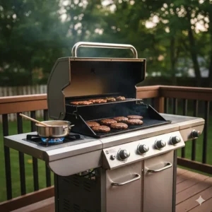 A 4 burner gas grill with an active side burner for preparing sauces or side dishes outdoors.