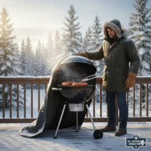Durable charcoal barbecue built for Canadian winters and year-round outdoor cooking on a snowy deck.