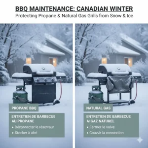 Maintenance checklist for protecting propane and natural gas BBQs from snow and ice. Entretien de barbecue au propane et gaz naturel.