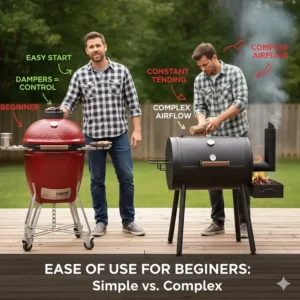 User-friendly illustration comparing the learning curve of a ceramic egg-style grill and a traditional horizontal offset smoker.