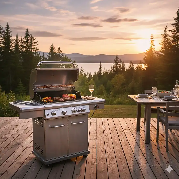 A premium stainless steel 4 burner gas grill on a cedar deck during a Canadian summer sunset, perfect for family patio dining.