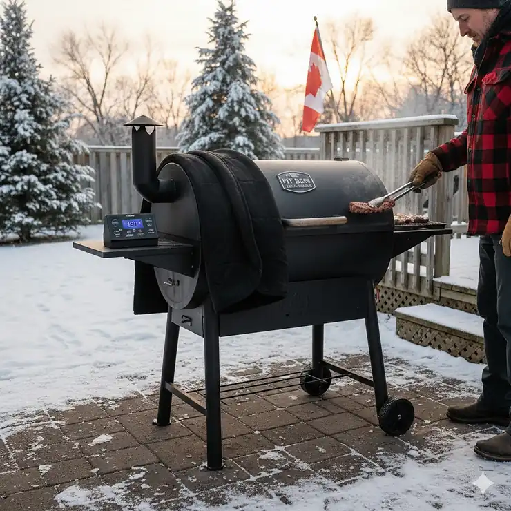 A high-quality budget pellet grill under $800 on a snowy patio in Ontario, showing digital temperature controls for winter smoking.