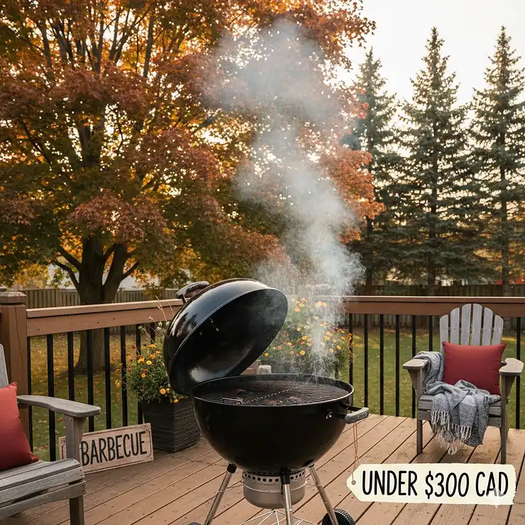 Best-rated charcoal grill in Canada under $300 featuring a black porcelain-enameled kettle BBQ on a backyard patio with Canadian maple trees in the background.