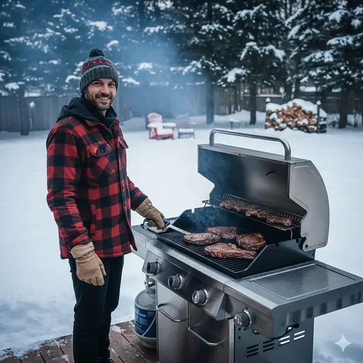 A person grilling steaks on a high-BTU gas BBQ in a snowy Canadian backyard during winter. gas BBQ for Canadian winter