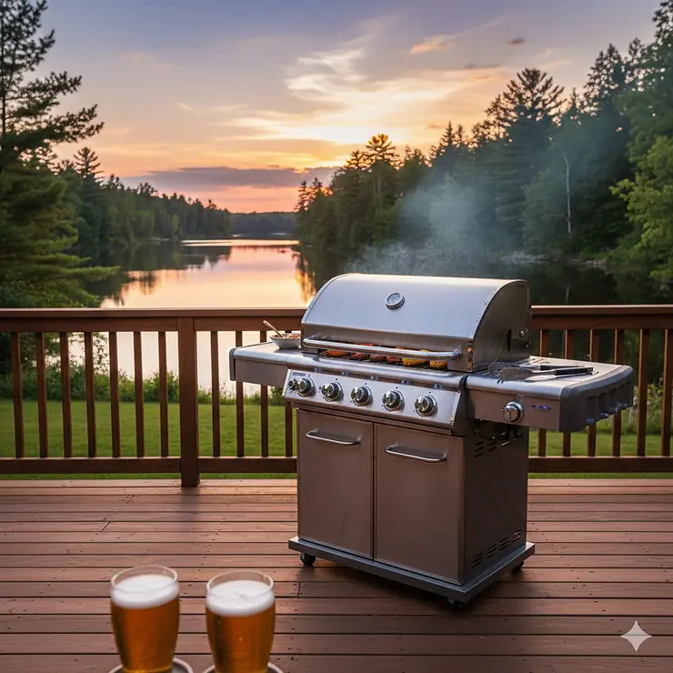 A premium multi-burner gas grill on a cedar deck in a Canadian backyard, featuring a stainless steel finish and a side sear station. gas grill Canada