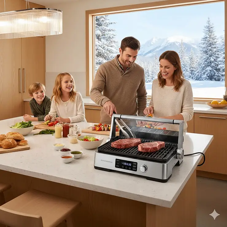 A family in a modern Canadian kitchen using an indoor electric grill to cook steaks during winter.