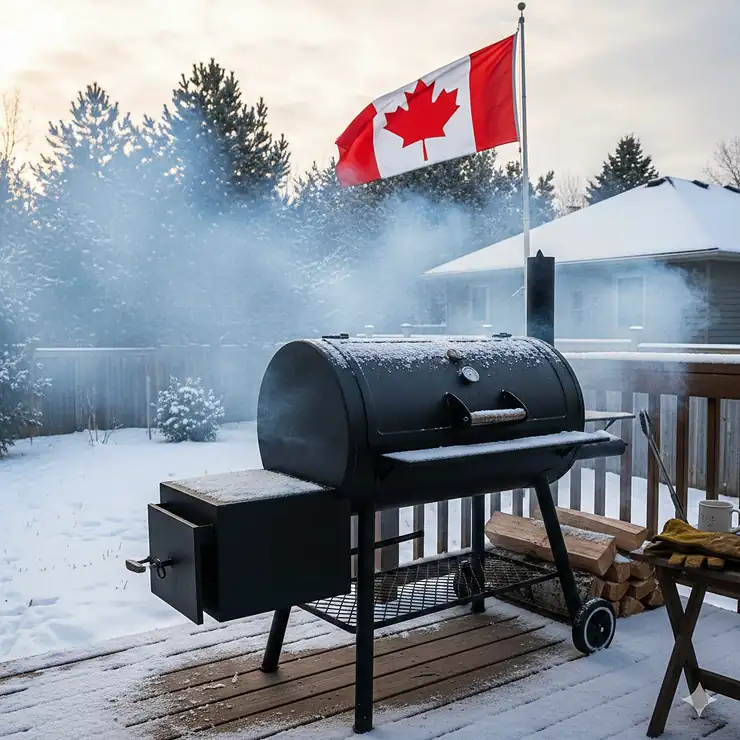 A heavy-duty offset smoker producing blue smoke on a snowy patio in Ontario, Canada, featuring a Canadian flag in the background. offset smoker Canada
