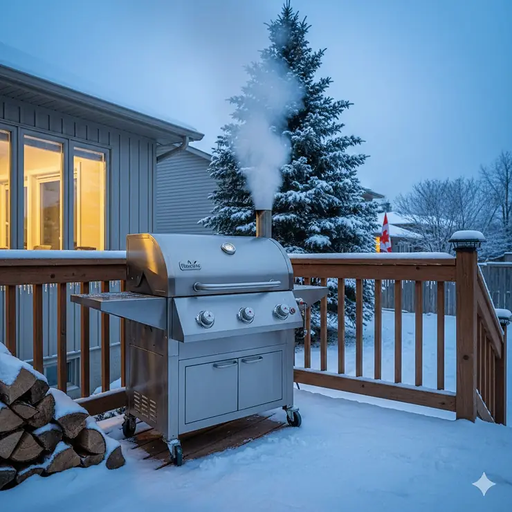 A high-performance pellet grill smoking in a snowy Canadian backyard during winter, showing durable construction for cold-weather cooking. pellet grill for Canadian winter