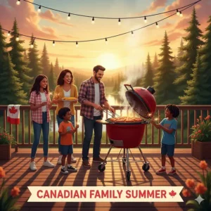 A diverse Canadian family gathering around a red kamado grill on a patio during a summer holiday.