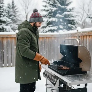 Illustration of a griller wearing fitted winter gear (no loose scarves) while operating a gas BBQ safely.