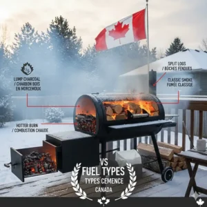 Comparison illustration of lump charcoal and split logs for traditional offset smoking in Canada.