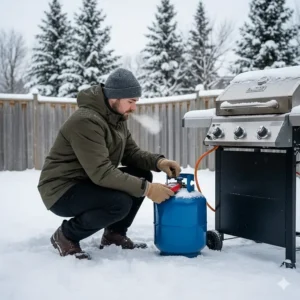 A homeowner checking propane tank levels for winter grilling in Canada; barbecue d'hiver au Canada.