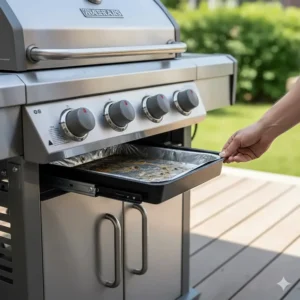 Illustration showing the removal of a grease tray for easy cleaning and maintenance of a 4 burner gas grill.