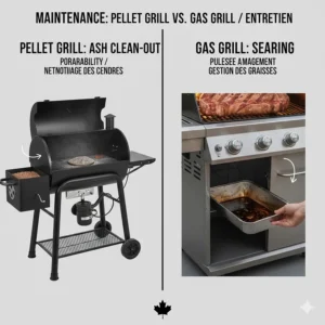 Diagram showing ash clean-out for pellet grills versus grease tray management for gas grills.