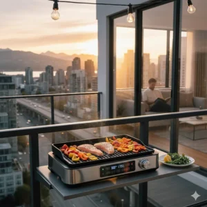 Compact electric grill for apartment balcony use, perfect for small Toronto or Vancouver condo spaces.