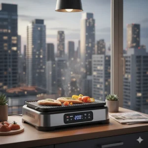 A smoke-less indoor electric grill sitting on a small apartment counter, ideal for Canadian urban condo living.
