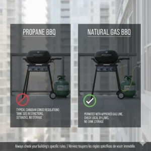 Illustration of Canadian condo balcony safety regulations regarding propane vs natural gas BBQ tanks and gas lines.