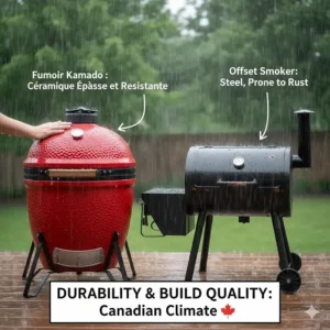 Illustration of weather-resistant smoker materials (ceramic vs powder-coated steel) suitable for the Canadian climate. Fumoir kamado vs dΓ©calΓ©.