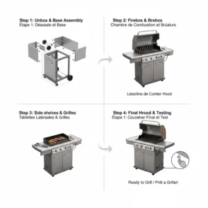 A simplified step-by-step illustration showing how to assemble a 4 burner gas grill (barbecue à 4 brûleurs).