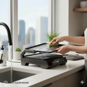 Close-up of an electric grill with removable non-stick plates for easy cleaning in a compact Canadian kitchen.