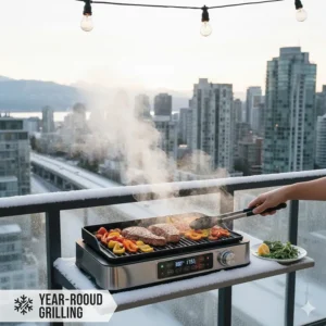 A durable electric grill being used on a snowy Canadian balcony, highlighting year-round grilling capability.