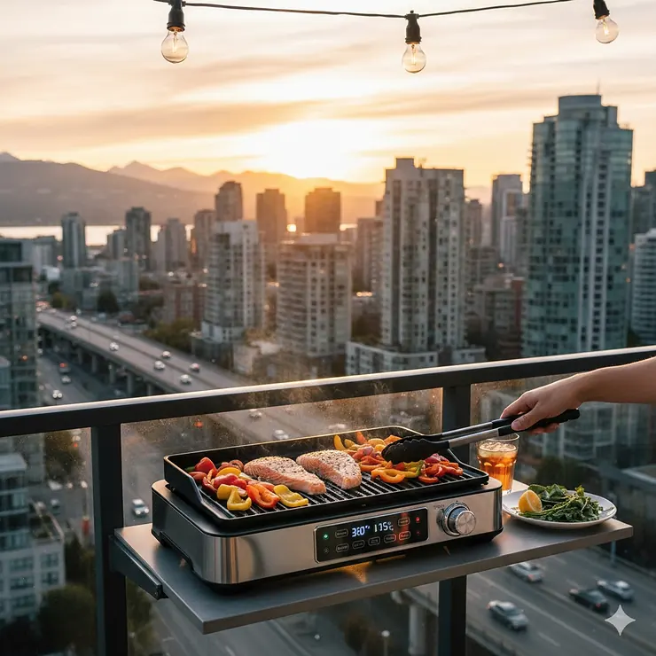 A premium electric grill for an apartment balcony in a high-rise Canadian city with a sunset skyline view.