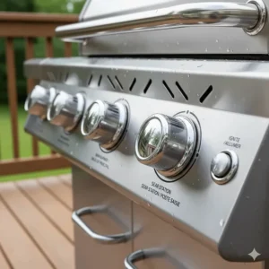 Close-up of gas grill control knobs with English and French labels (Barbecue au gaz) for the Canadian market.