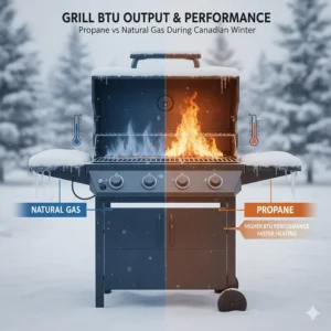 Diagram showing heat distribution and BTU efficiency for propane vs natural gas BBQ burners during a Canadian winter.