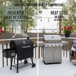 Graphic comparing heat retention of an insulated pellet grill vs a gas grill in Canadian winter conditions.