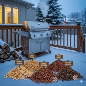Various types of hardwood pellets suitable for winter grilling in Canada, including maple and hickory blends.