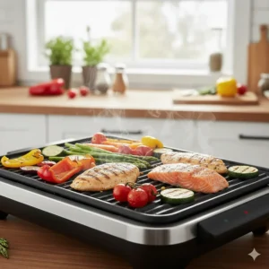 Close-up illustration of vegetables and lean proteins cooking on a non-stick indoor electric grill surface.