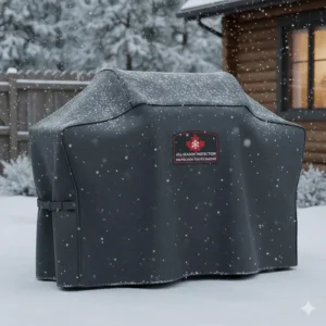 A heavy-duty, weather-resistant cover protecting a pellet grill from Canadian rain and snow.