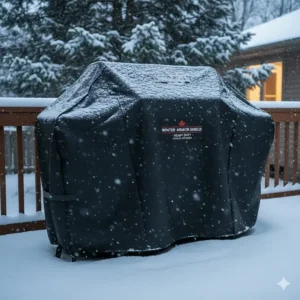 A waterproof, heavy-duty grill cover protecting a pellet smoker from deep snow in a Canadian winter setting.