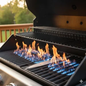 Close-up illustration of powerful blue flames on a 4 burner gas grill providing even heat distribution for searing.
