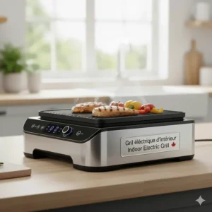 Illustration of a high-quality indoor electric grill with a "Gril électrique d'intérieur" label for Canadian shoppers.
