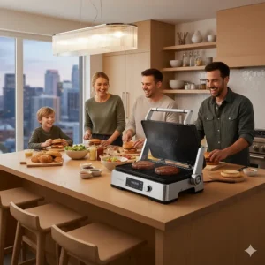 Friends gathered around a kitchen island in Canada enjoying burgers made on an indoor electric grill.