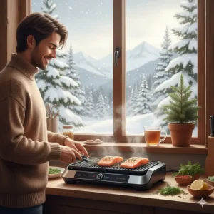 Illustration of someone grilling salmon on an indoor electric grill while it snows outside a Canadian window.