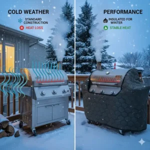 Illustration of an insulated thermal blanket on a pellet grill to maintain consistent temperatures during a Canadian winter.