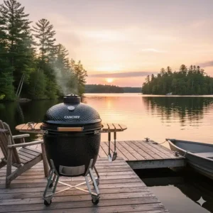 An illustration of a kamado-style BBQ on a wooden dock at a Canadian lakefront cottage.