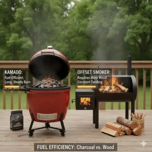 Infographic comparing fuel types for kamado vs offset smokers, highlighting lump charcoal and hardwood logs popular in Canada.