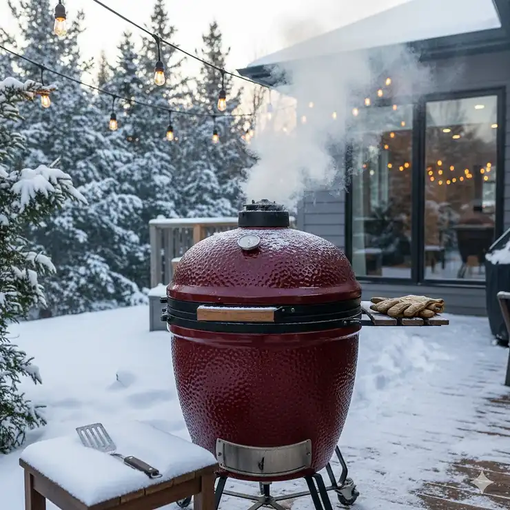 A premium ceramic kamado grill in a snowy Canadian backyard, smoking meat during a winter BBQ session.