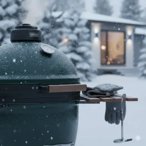 Close-up of a thick-walled kamado grill maintaining steady temperatures during a cold Canadian winter.