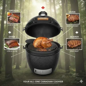 Diagram showing how a kamado grill functions as a smoker, oven, and searer for Canadian wild game.