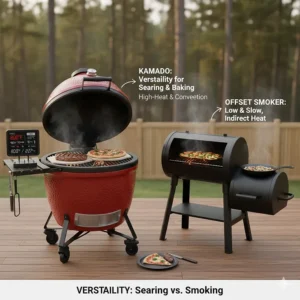 Graphic showing a kamado grill's ability to sear steaks and bake pizza, a key advantage in the kamado vs offset smoker debate.