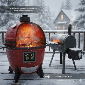 Illustration showing how thick ceramic walls of a kamado maintain heat during a Canadian winter vs a metal offset smoker.
