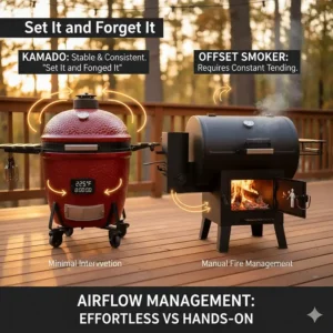Diagram of airflow vents on a kamado for stable overnight cooks compared to the manual fire management required for an offset smoker.