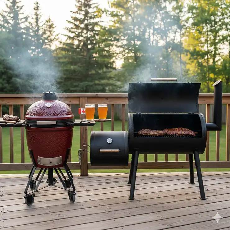 A comparison of a red ceramic kamado vs a black steel offset smoker on a Canadian patio, illustrating the best backyard BBQ options for Canada.