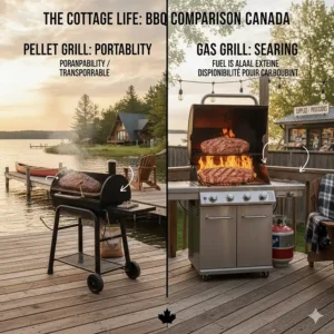 Stylized illustration of a grill at a Canadian cottage highlighting portability and fuel availability.