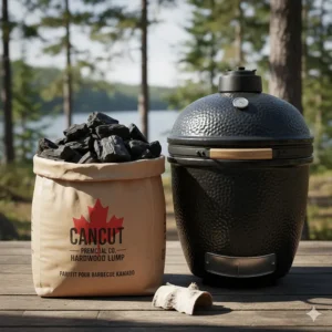 High-quality natural lump charcoal bag next to a kamado grill, perfect for the Canadian outdoors.
