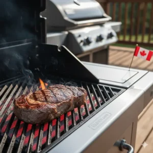 A steak searing on a Napoleon infrared side burner, a key feature when choosing between Weber vs Napoleon gas BBQs.